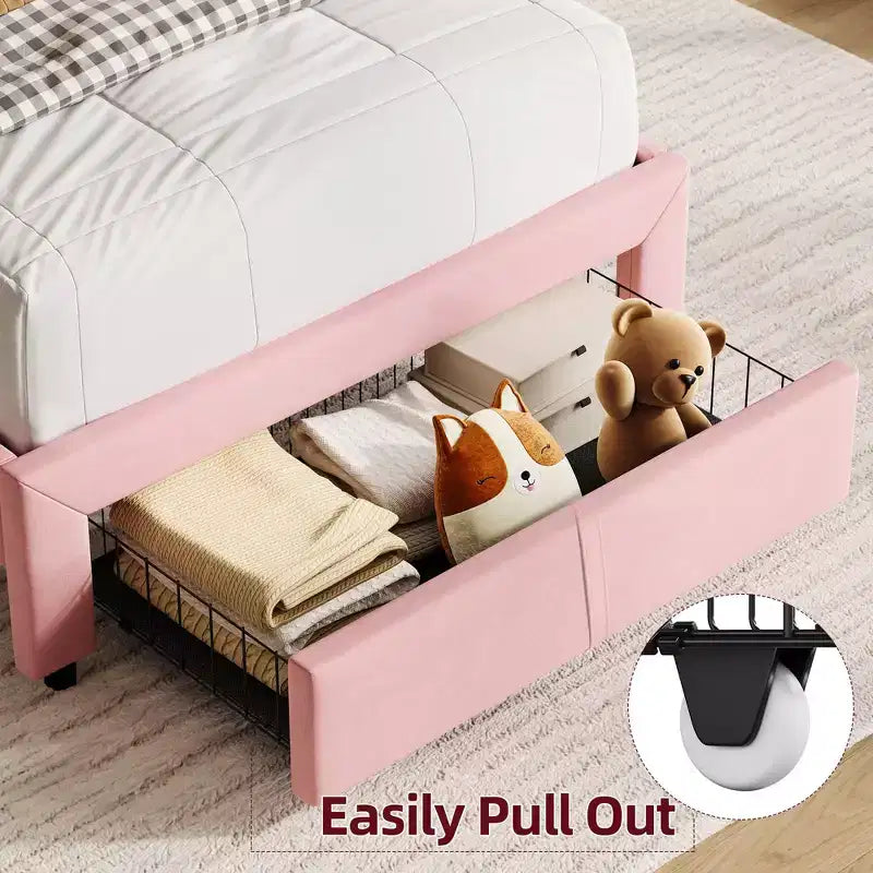 Letto singolo, confezione da 2, con cassetti contenitori e testiera, rivestito in velluto, basso, silenzioso, facile da montare, rosa
