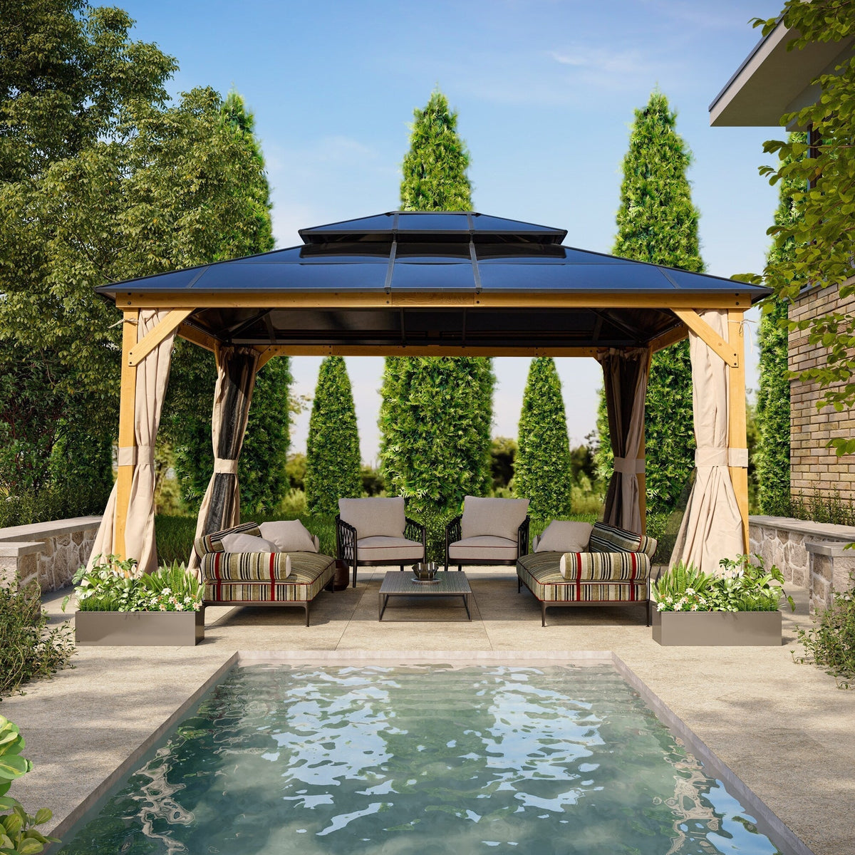 Gazebo EROMMY con tetto rigido, pergola da esterno con doppio tetto, rete e tende, copertura robusta per patio, giardino e feste in piscina