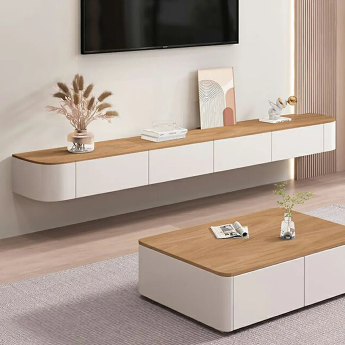 Meuble TV suspendu contemporain, long, en bois blanc, avec tiroirs