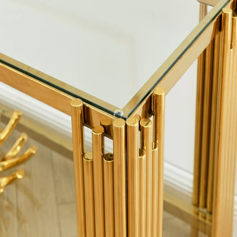 Table console étroite à 2 niveaux avec structure métallique finition or et plateau en verre trempé