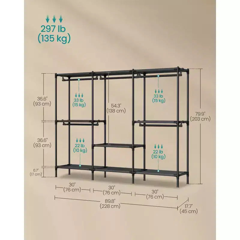 Portant à vêtements SONGMICS, organisateur de placard robuste avec tringles et étagères, charge totale de 297 lb, montage facile, noir d’encre