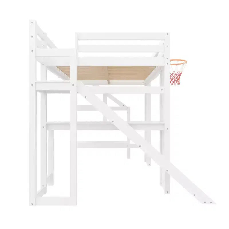 Lit mezzanine complet en bois Luxystar avec bureau, toboggan, panier de basket et escalier de rangement pour enfants et adolescents
