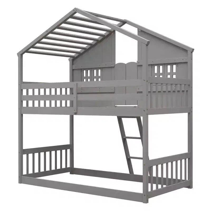 Letto a soppalco a forma di casetta per letto singolo, in legno, con scala e sponde di protezione per bambini