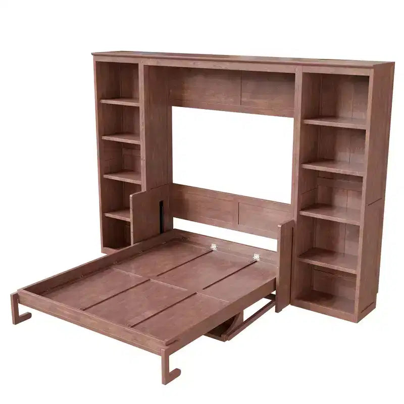 Letto a scomparsa matrimoniale con scrivania e libreria, salvaspazio, marrone scuro - ModernLuxe