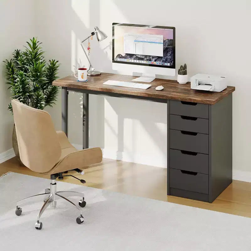 Bureau d’ordinateur de 47 pouces avec 5 tiroirs de rangement, table d’étude et d’écriture réversible au style rustique moderne, poste de travail pour bureau à domicile et petits espaces