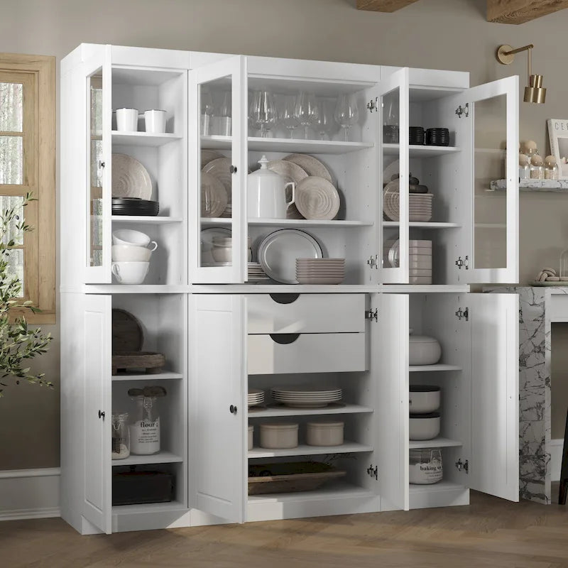 Credenza dispensa da cucina in legno massello al 100%, con ante in vetro o legno massello e kit con 2 cassetti, 65 x 71.5