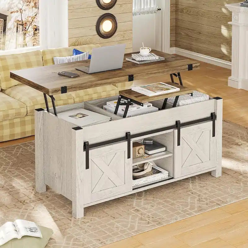 Table basse relevable avec 2 portes coulissantes de style grange, rangement et table à manger