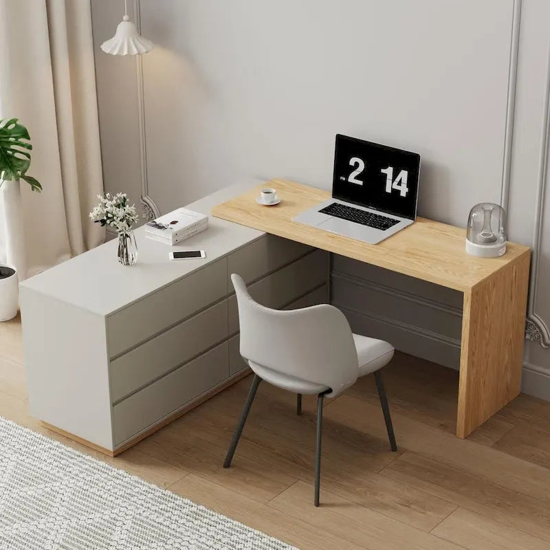 Bureau d’angle blanc de 55.2 pouces avec 6 tiroirs de rangement