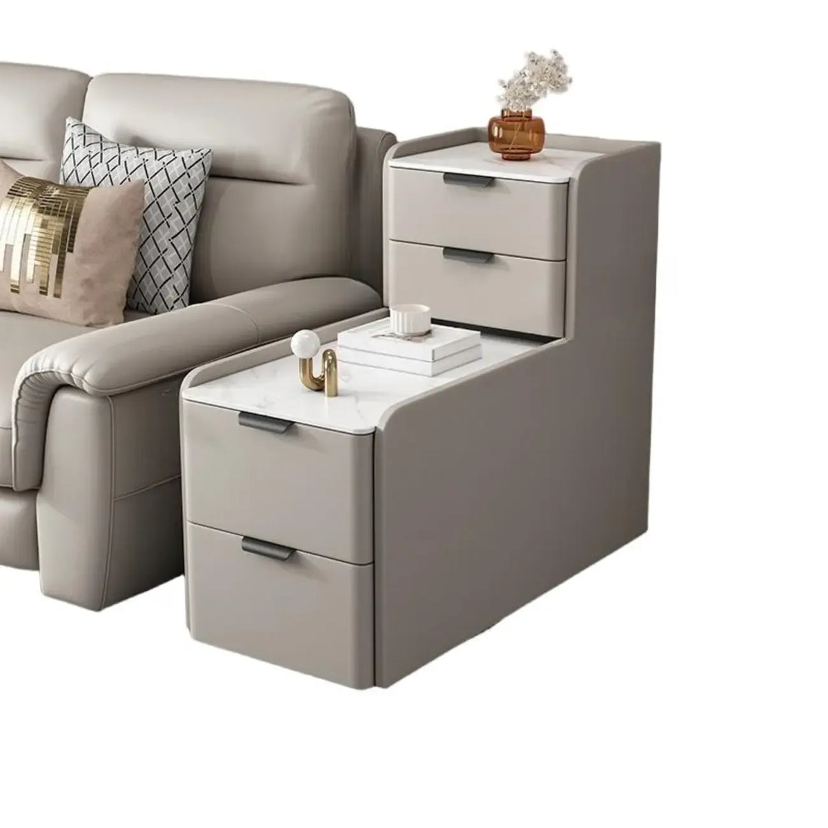 Hoher Sofa-Beistelltisch in L-Form aus Holz mit Steinplatte und 4 Schubladen