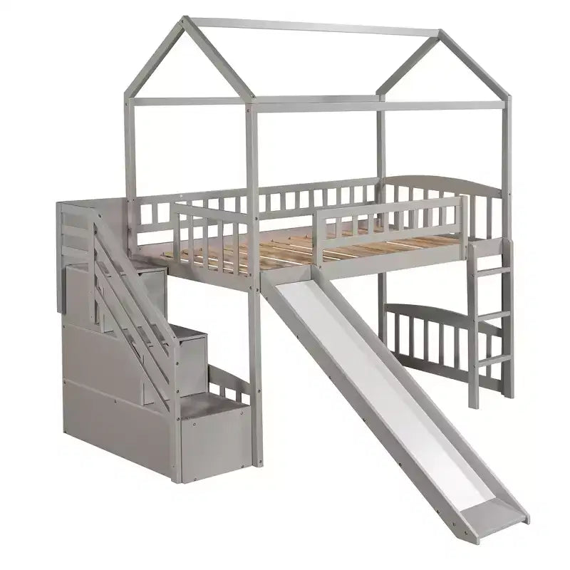 Halfhoogslaper in de vorm van een huis met glijbaan en trap, met opbergladen, houten hutbed voor kinderen en peuters