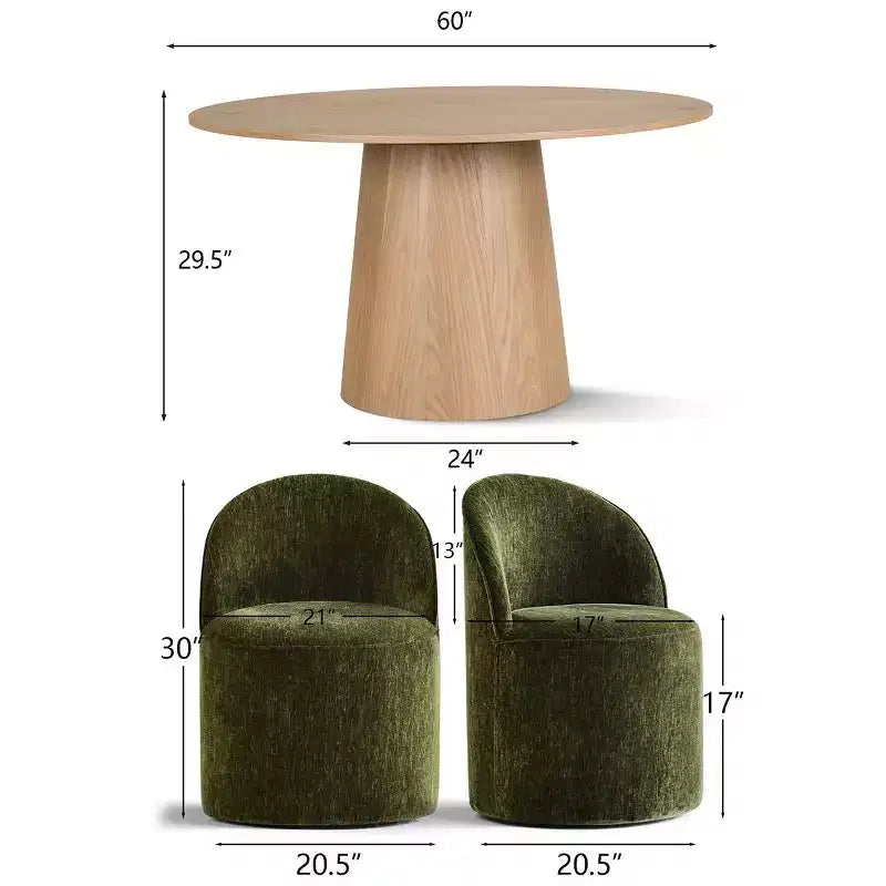 Moderne eethoek voor 6 personen, ronde eettafel met centrale voet, draaibare kuipstoelen op wieltjes, chenillestof met structuur - Panipeachy