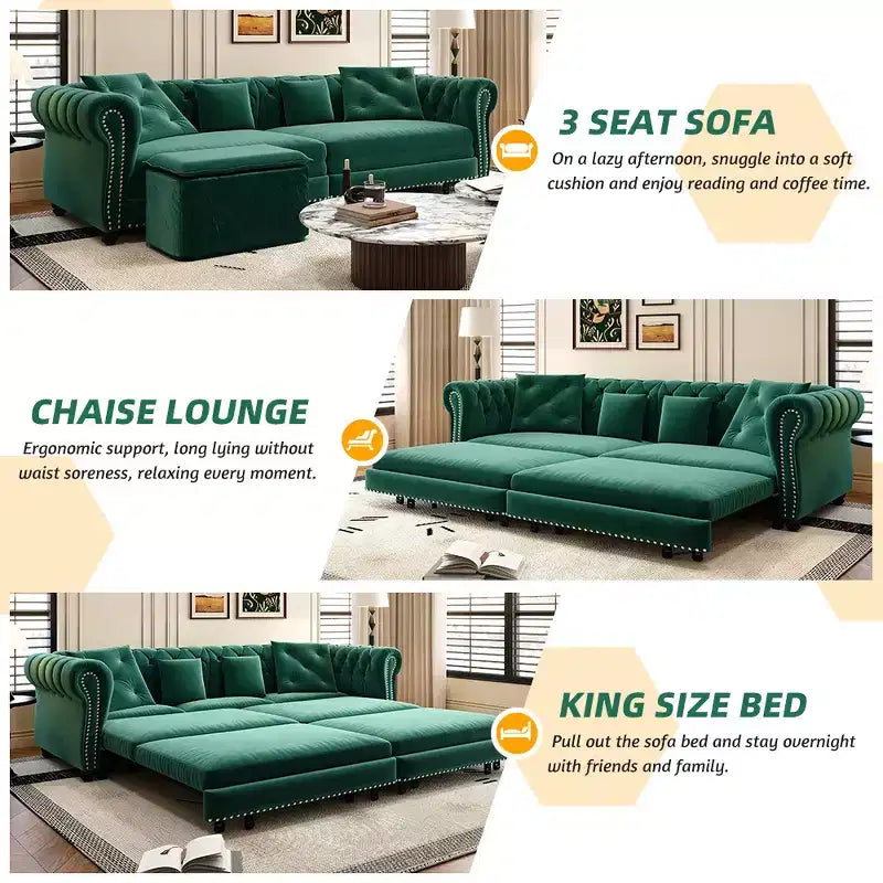 Canapé-lit convertible 3-en-1 Whisen en velours, format king size, avec pouf mobile, design capitonné