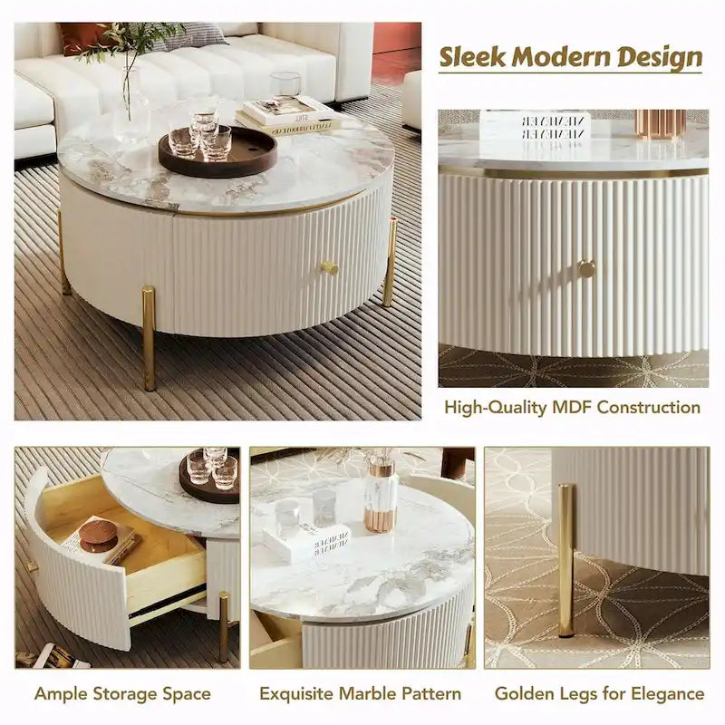Table basse ronde moderne de 31.5 avec grand tiroir de rangement