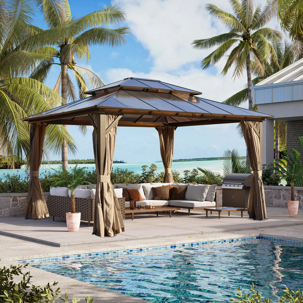 Gazebo EROMMY con tetto rigido, pergola da esterno con doppio tetto, rete e tende, copertura robusta per patio, giardino e feste in piscina