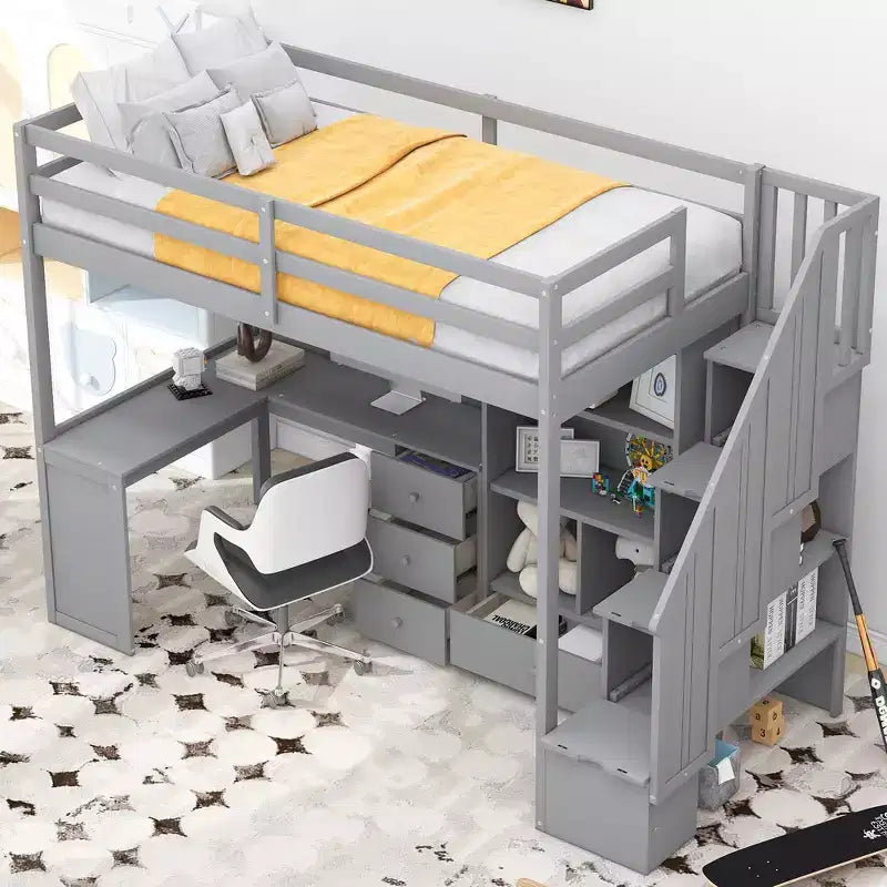 Hoogslaper voor een eenpersoonsmatras met L-vormig bureau, 3 laden, kast, opbergruimte in de trap, gemaakt van massief grenenhout/MDF