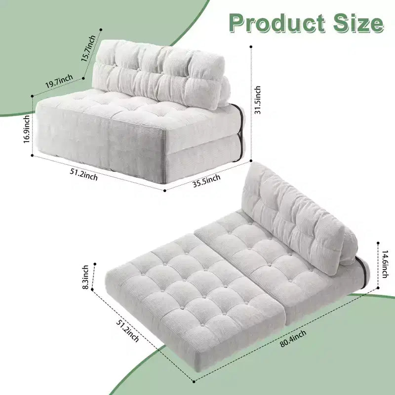 Futon pliant convertible en lit, format deux places, en velours côtelé, fauteuil-lit de sol avec coussin et soutien dorsal