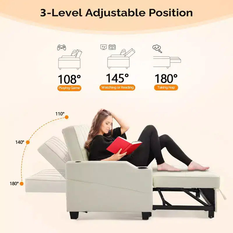 Gepolsterte, umwandelbare Schlafcouch mit Relaxfunktion aus Cat's-Claw-Leder, Kissen inklusive, für kleine Räume