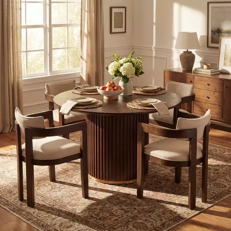 Christopher Knight Home Shankar moderne 5-delige ronde eetkamerset met stoelen van rubberhout met bekleding