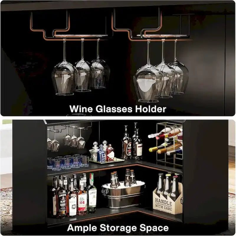 Meuble-bar en forme de L avec porte-verres à pied pour bar à domicile