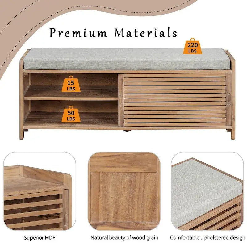 Banc de rangement en bois massif de 43.30 pouces avec persiennes vieillies contemporaines