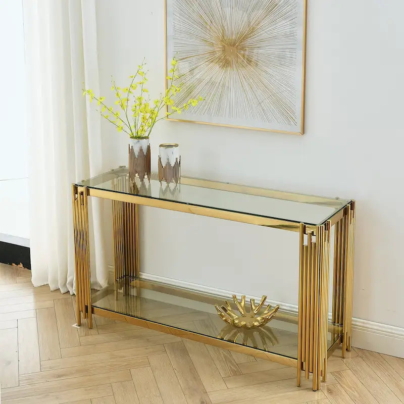 Table console étroite à 2 niveaux avec structure métallique finition or et plateau en verre trempé