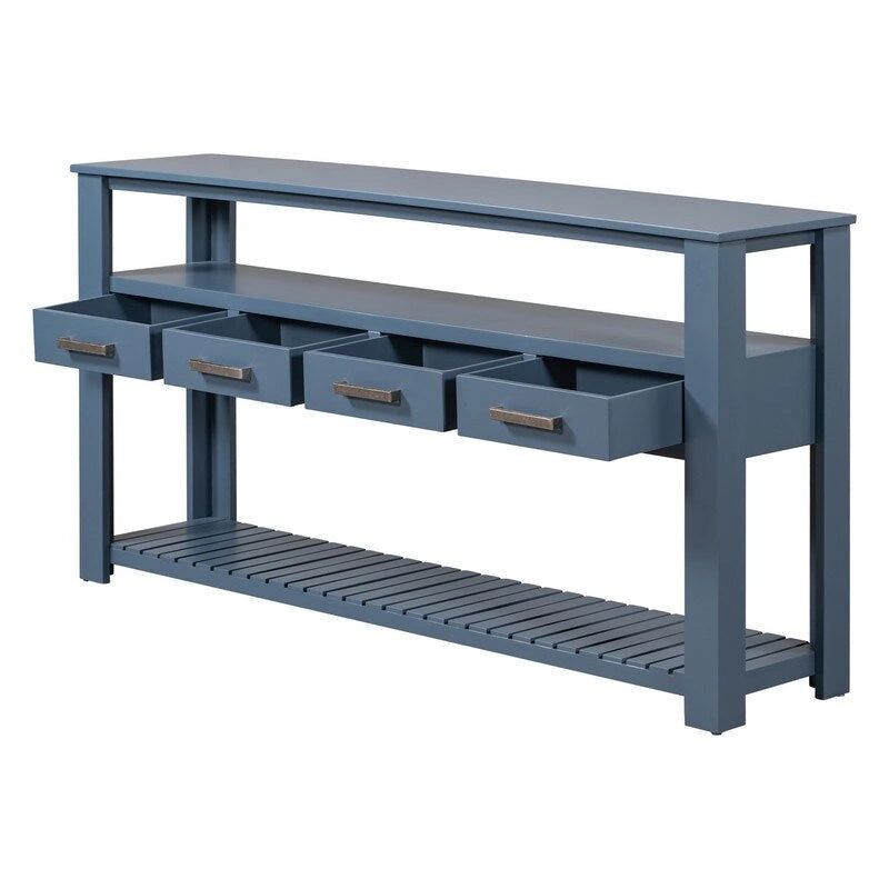 Longue table console pour entrée et canapé avec tiroirs, table console de style rustique en bois avec 4 tiroirs et 2 étagères