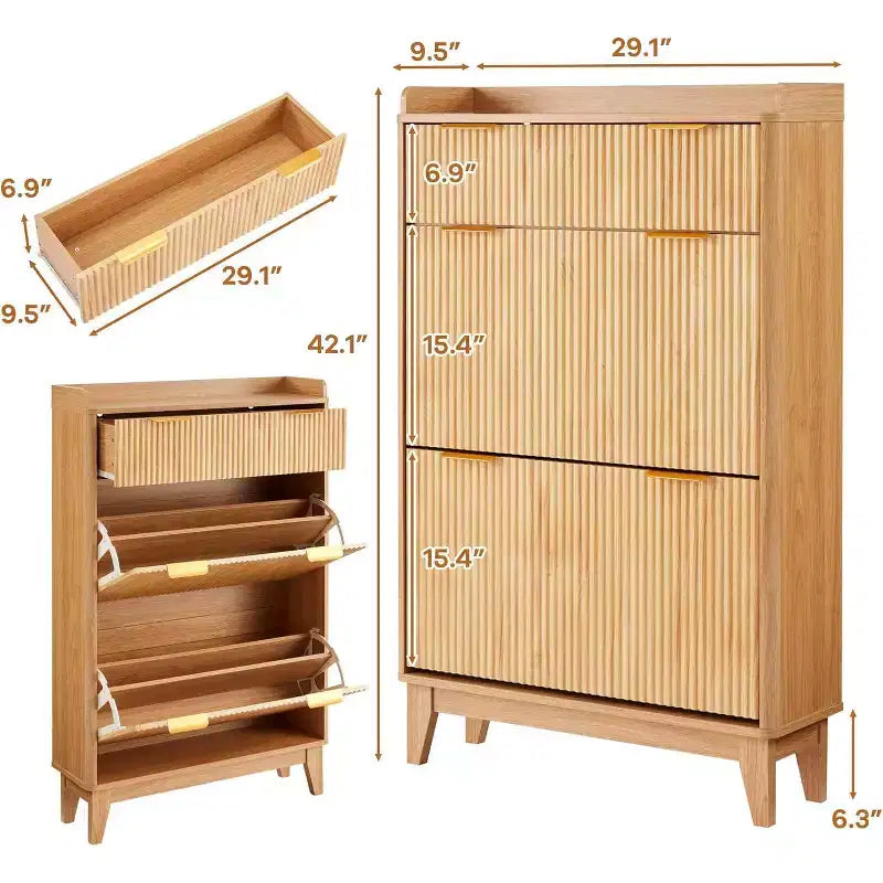 Meuble à chaussures étroit cannelé pour entrée  Organiseur moderne et étroit pour couloir avec 2 portes, étagères réglables, solution de rangement compacte pour la maison