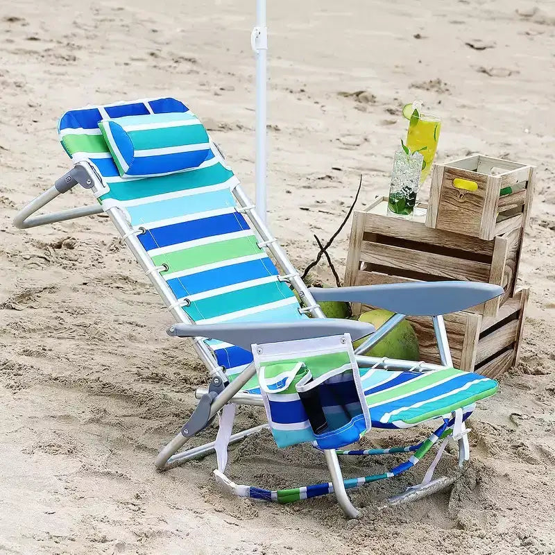 Set di 2 sedie da spiaggia leggere a zaino Acekool, reclinabili e pieghevoli in 5 posizioni, per adulti, con cinghie, portabicchiere e barra portasciugamano, supportano fino a 300 lbs