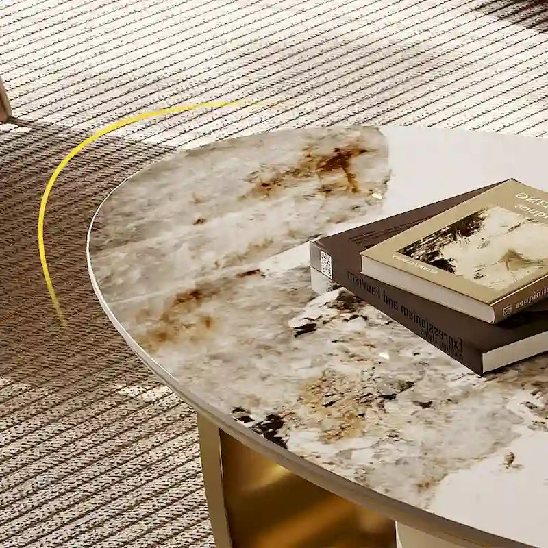 Tavolino da salotto ovale Modern Pandora 51 con piano in pietra sinterizzata lucida, tavolino di lusso con gambe in acciaio inossidabile per il soggiorno