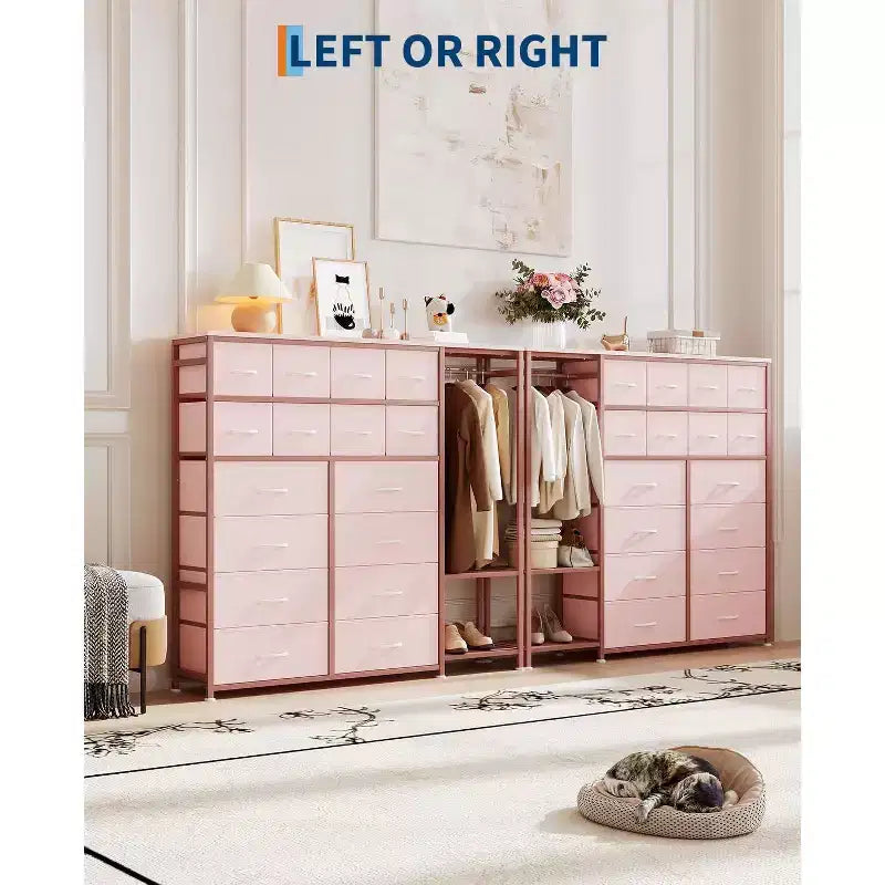 Commode avec 16 tiroirs, tringle de penderie et étagères, organisateur de rangement en tissu pour chambre, placard ou entrée