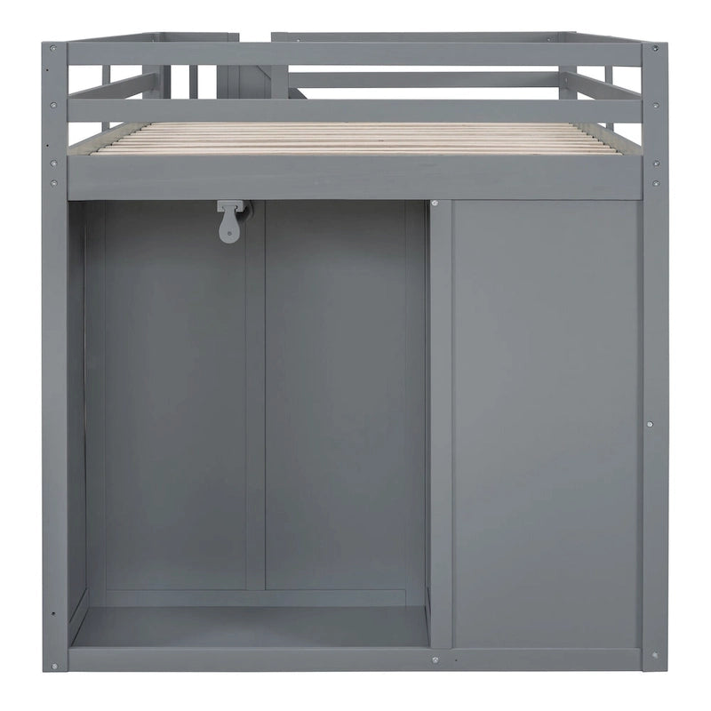 Lit mezzanine gris en bois, format double, avec penderies, tiroirs et escalier de rangement