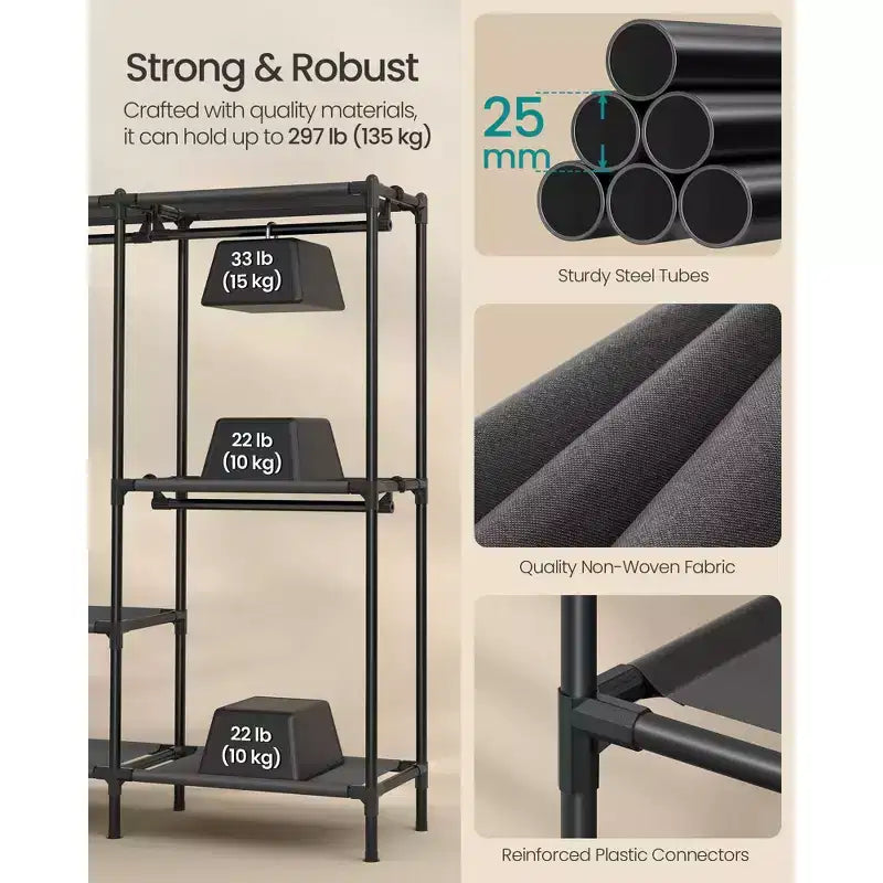 Portant à vêtements SONGMICS, organisateur de placard robuste avec tringles et étagères, charge totale de 297 lb, montage facile, noir d’encre