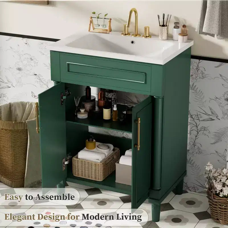 Meuble-lavabo de salle de bains 24 avec lavabo en céramique, meuble de style Shaker, 2 portes à fermeture amortie, structure en bois massif pour petite salle de bains ou salle d'eau