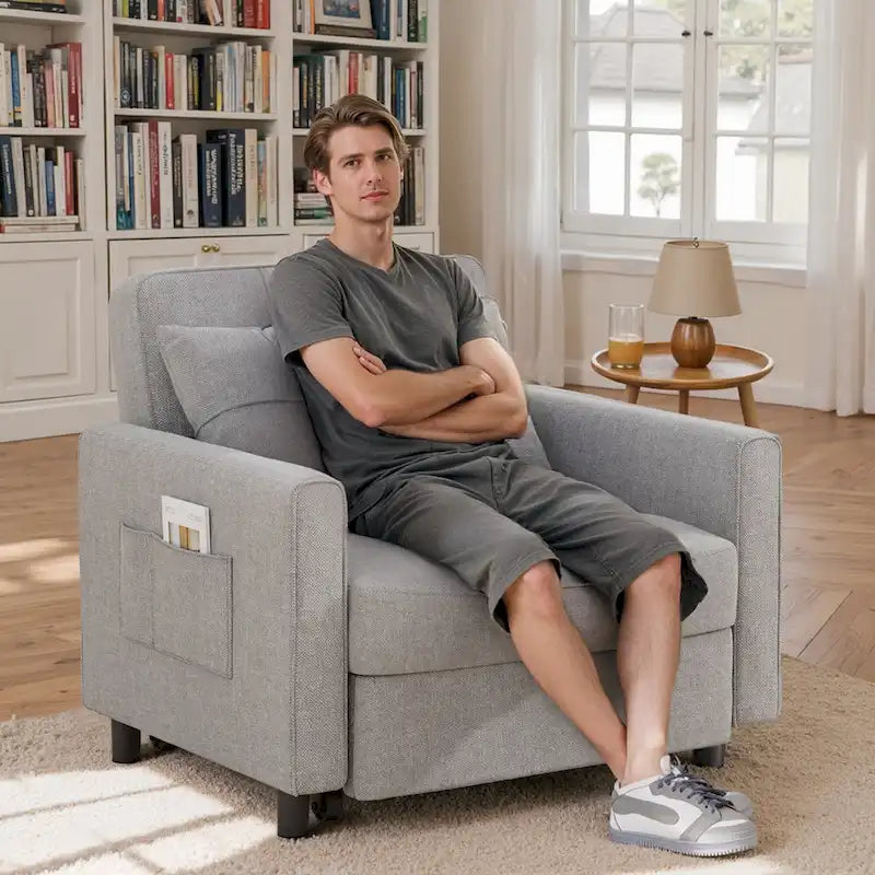 Fauteuil convertible 3-en-1 avec lit escamotable, canapé lounge rembourré convertible, réglable et pliable