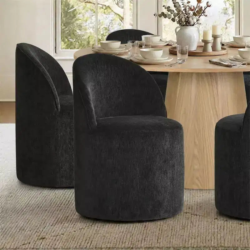 Moderne eethoek voor 6 personen, ronde eettafel met centrale voet, draaibare kuipstoelen op wieltjes, chenillestof met structuur - Panipeachy