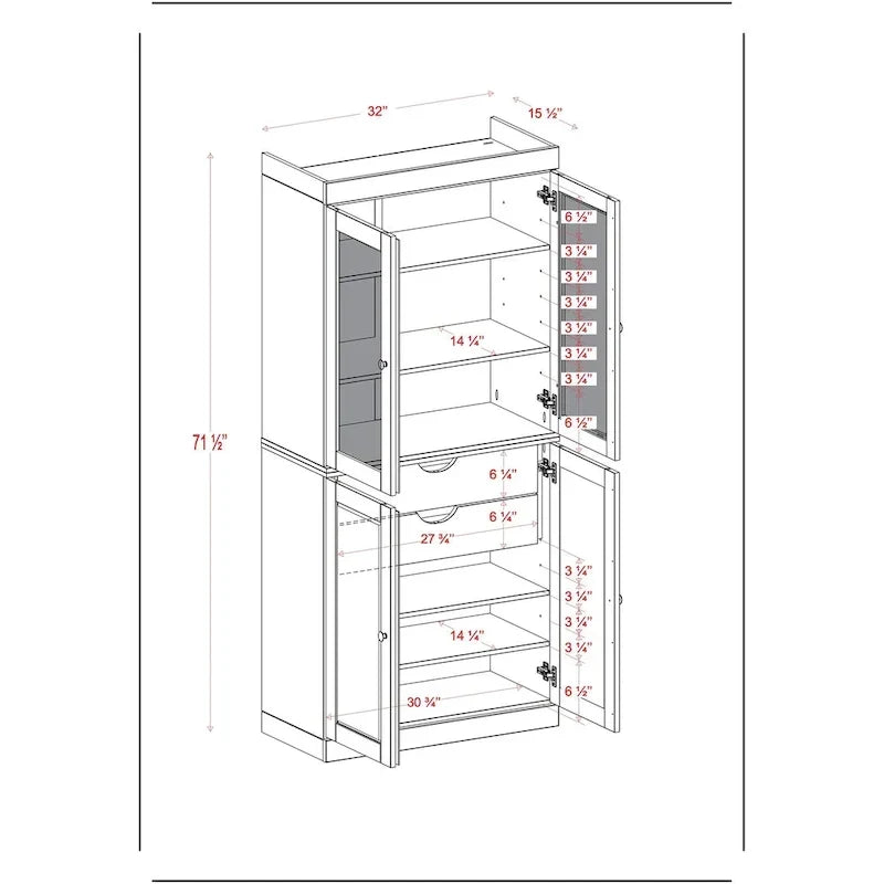 Credenza dispensa in legno massello al 100% con ante in vetro satinato, ante piene, 2 cassetti e ripiani regolabili