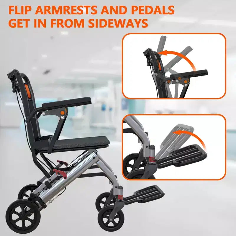 Fauteuil roulant de transport ultra léger pour personnes âgées, pliable et portable, avec frein à main verrouillable et accoudoirs rabattables amovibles