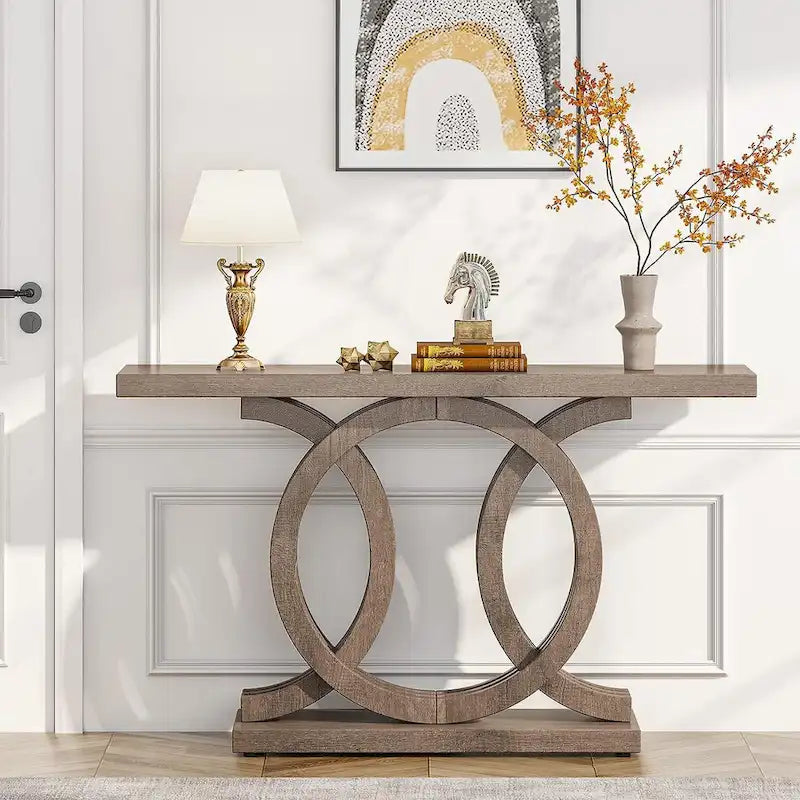 Table console vintage en bois pour couloir, avec piètement géométrique