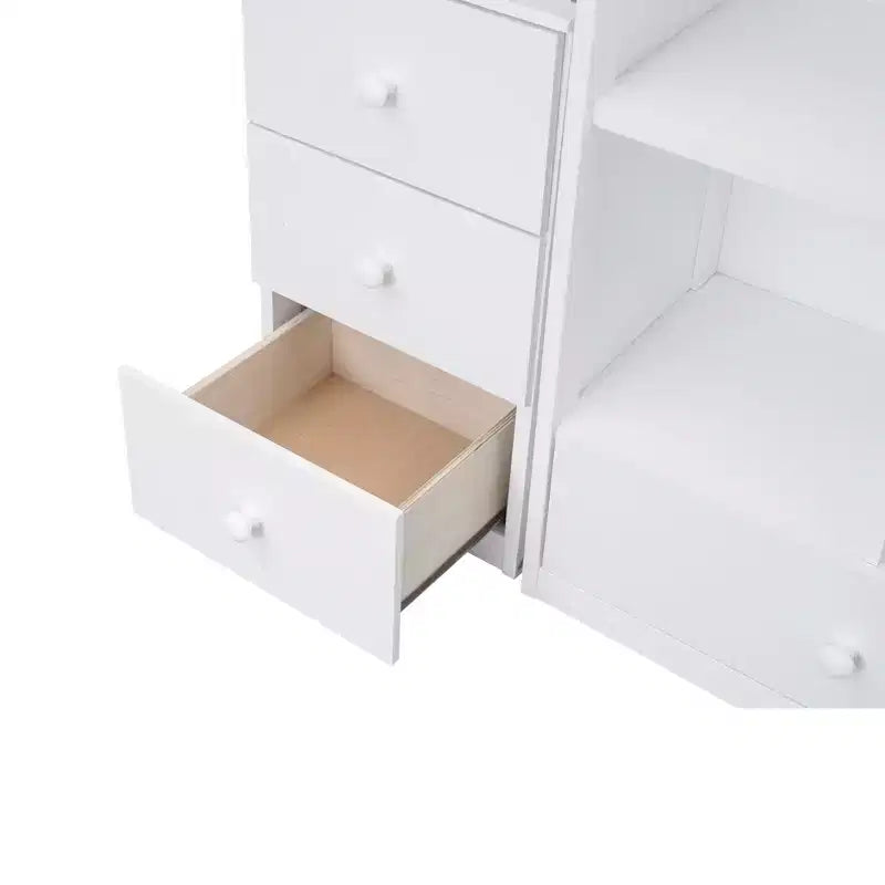Hoogslaper voor een eenpersoonsmatras met L-vormig bureau, 3 laden, kast, opbergruimte in de trap, gemaakt van massief grenenhout/MDF