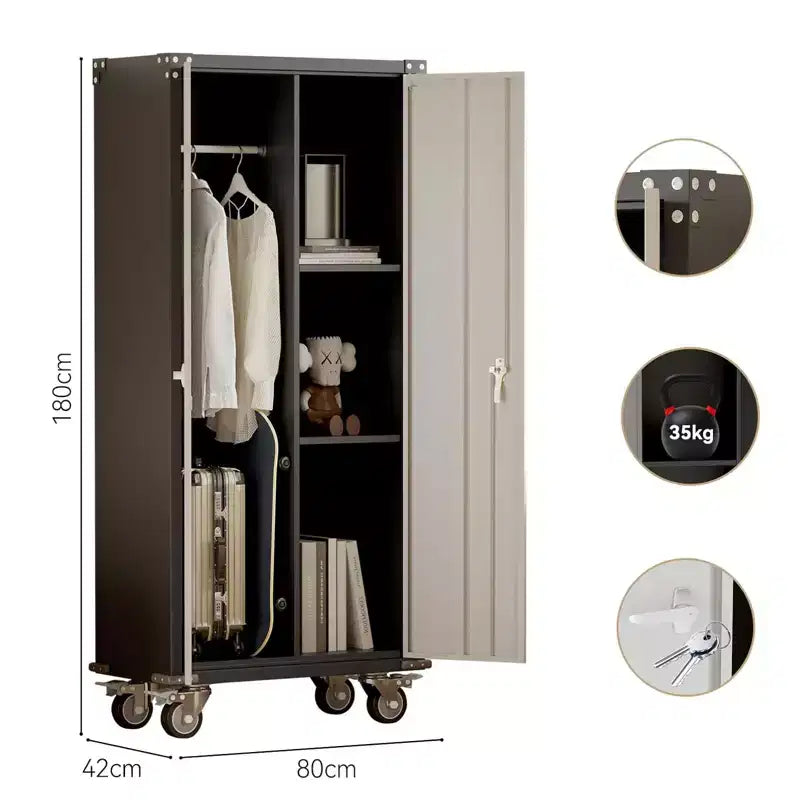 Armoire de rangement pour garage avec roulettes et panneau perforé, armoire métallique verrouillable de 72 H avec 2 portes et 4 étagères réglables pour atelier de garage