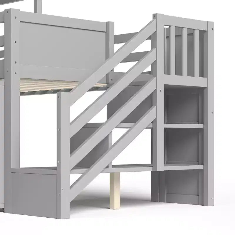 Einzel-Hochbett mit 3 Schubladen und Treppe mit Stauraum, Hausbett aus Holz mit Rutsche und abnehmbarem Schreibtisch