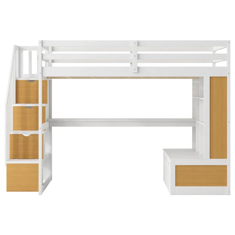 Letto a soppalco in legno massello, naturale e bianco, per letto matrimoniale piccolo, con scrivania e cassetti