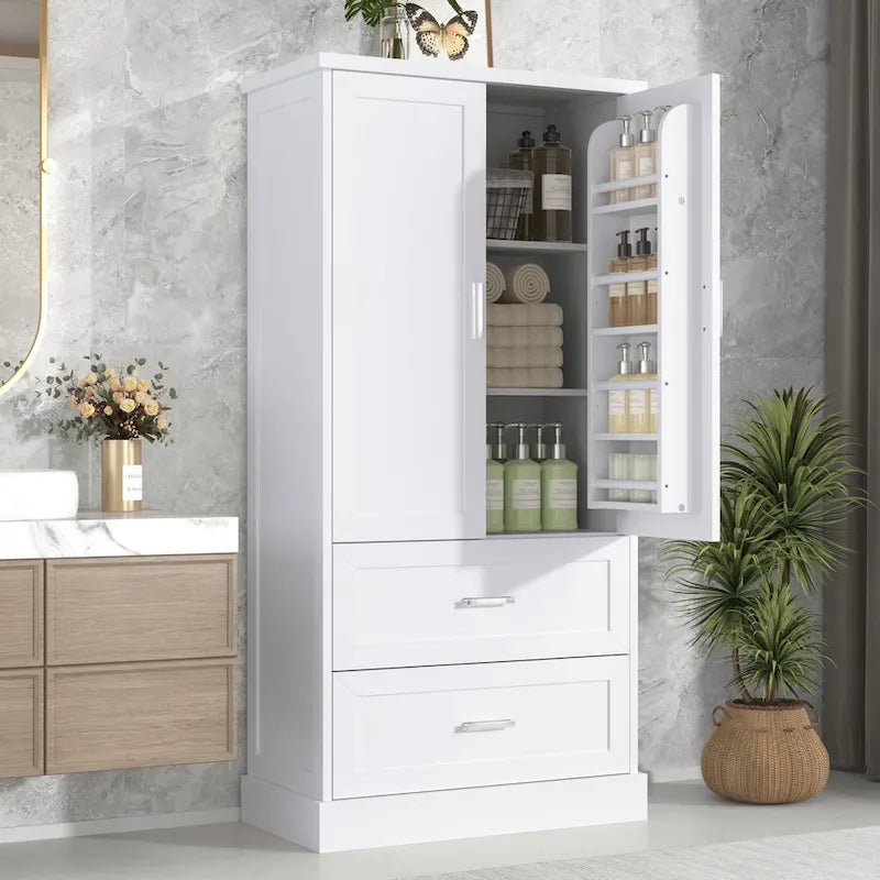 Mobiletto alto da bagno, con due ante e cassetti, ripiano regolabile, pannello MDF