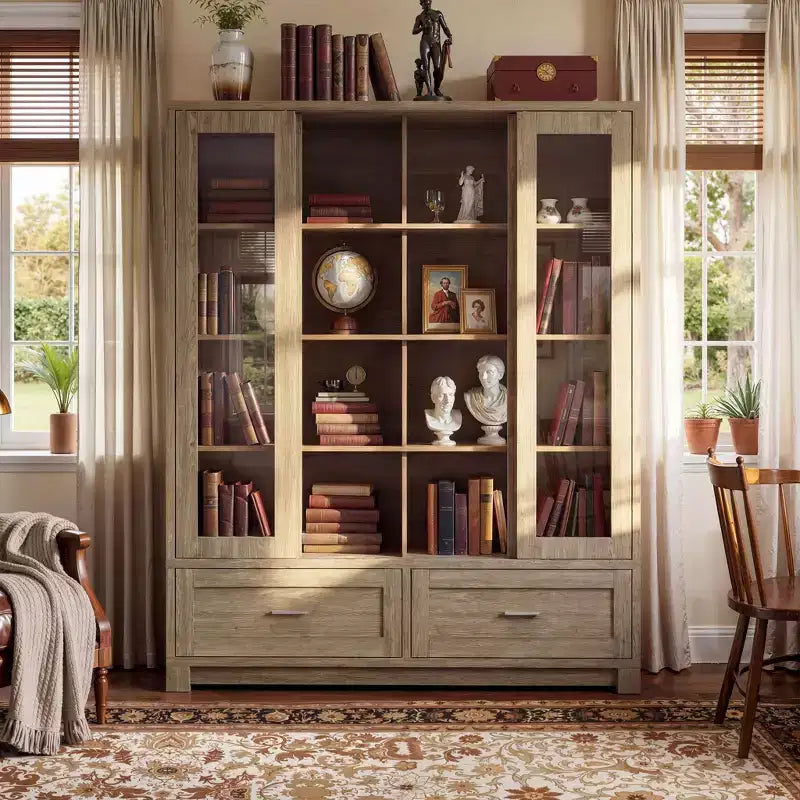 Famapy vitrinekast met licht eikenhoutnerf: 63W, schuifdeuren van glas en ladeopbergruimte, ruime opberger voor thuisbibliotheken en woonkamers