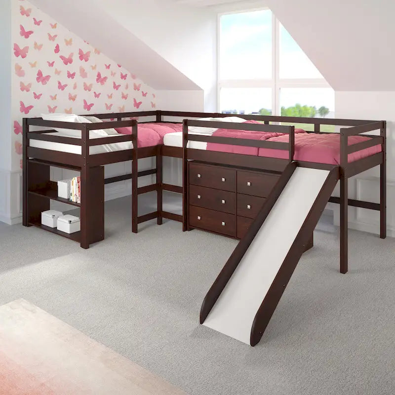 Ensemble de chambre mezzanine avec lits superposés doubles et toboggan en L, finition cappuccino foncé