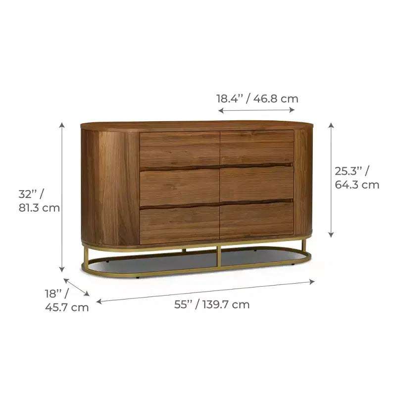Commode moderne à 6 tiroirs avec bord naturel, piètement en métal et structure durable en bois mixte
