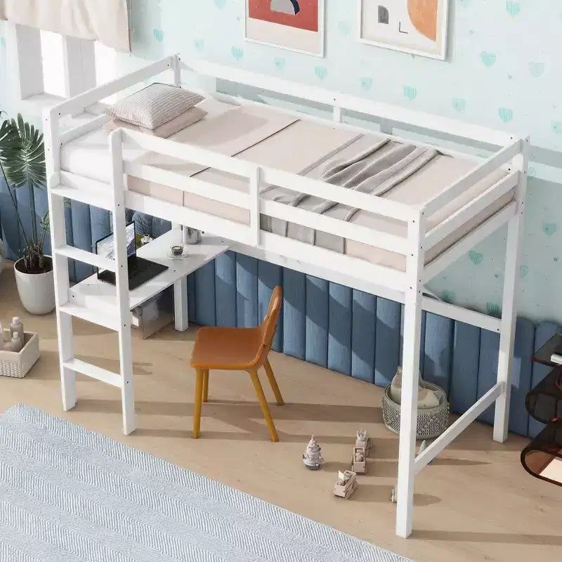 Okak minimalistisch hoogslaper met ladder, hoogslaper van rubberhout voor één persoon met veiligheidsreling en ingebouwd bureau, bedframes voor kinderen en tieners