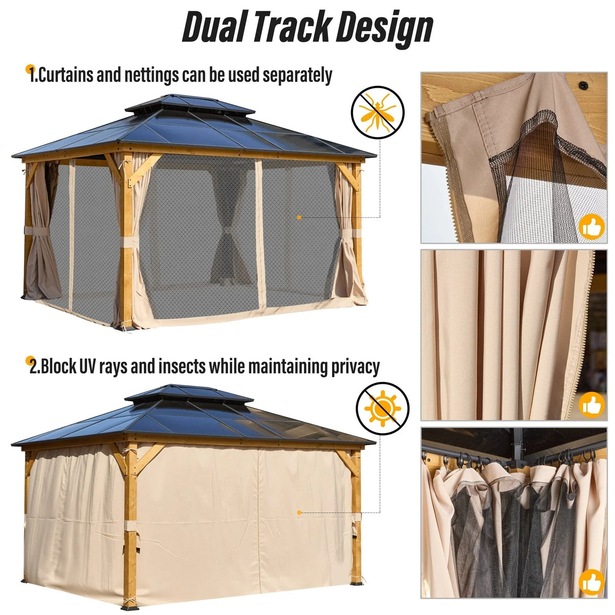 Gazebo EROMMY con tetto rigido, pergola da esterno con doppio tetto, rete e tende, copertura robusta per patio, giardino e feste in piscina