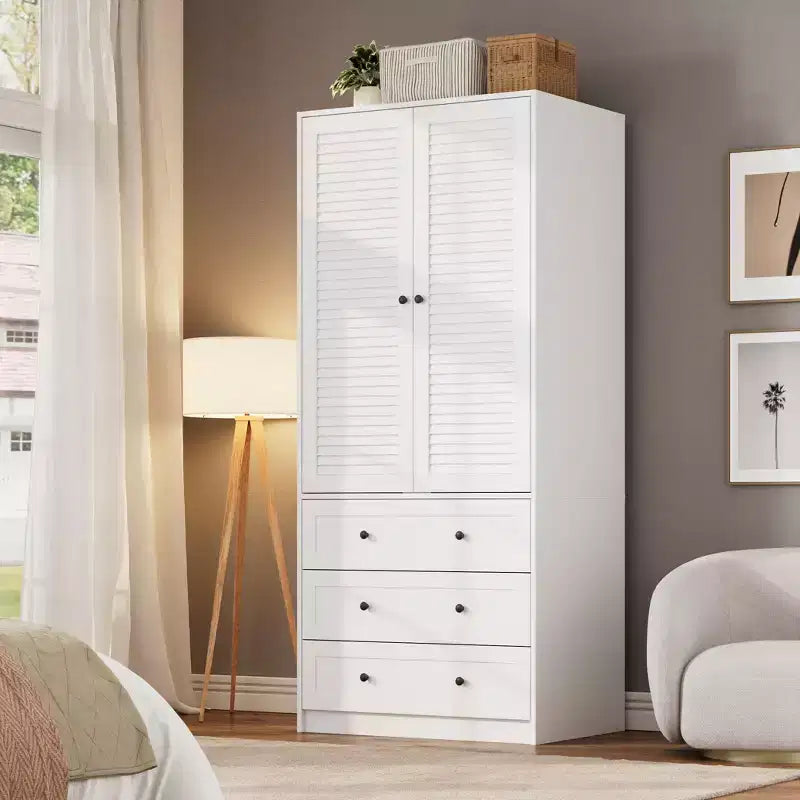 Armoire COZONY avec 3 tiroirs et 2 portes, armoire moderne en bois pour chambre, armoire blanche autoportante robuste