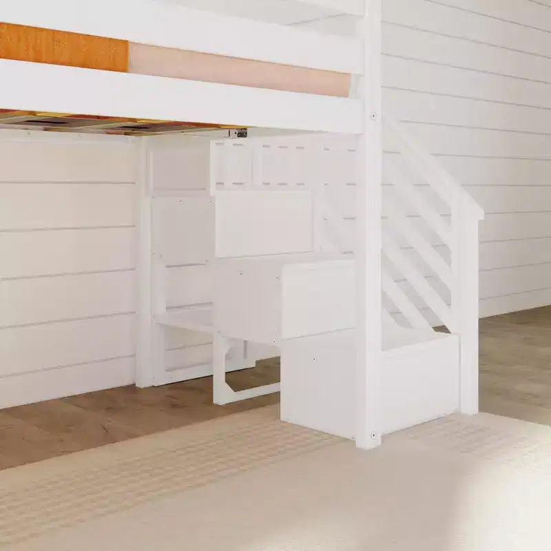 Letto a soppalco basso singolo per bambini con scivolo e scale, in legno massello, 14 sponde di sicurezza, capacità di 400 lb